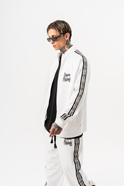 Respire Men's Splash Striped Detail Mock Neck Doubleface Zip Oversized Sweatshirt Ecru