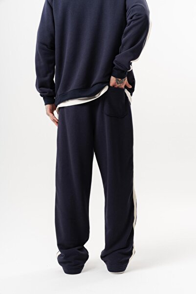 Respire Men's Diagonel Baggy Sweatpants with Dirty Stitch Detail, Navy Blue