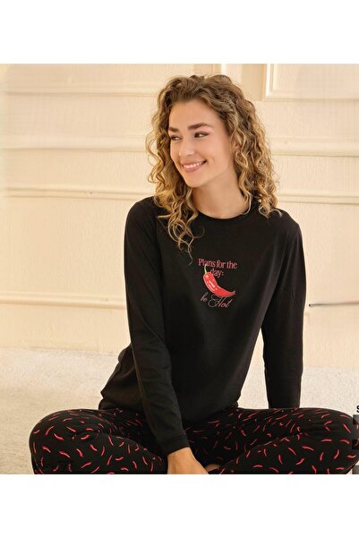 Mihra Black Cotton Combed Supreme Printed Pajama Set 90758