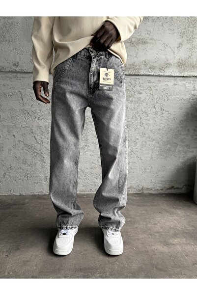 KağanKY Blugi largi Relax cu detaliu de cusătură gri