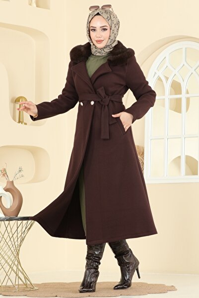 ModaMerve Yakası Kürklü Kaşe Kaban 6664YG95-MS Acı Kahve