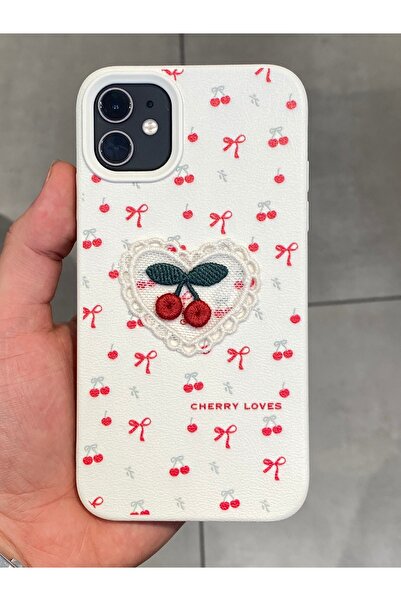 Mee.co iPhone 11 Compatible Embroidered Cherry Pattern Case Cherry Figured Knitted Phone Case