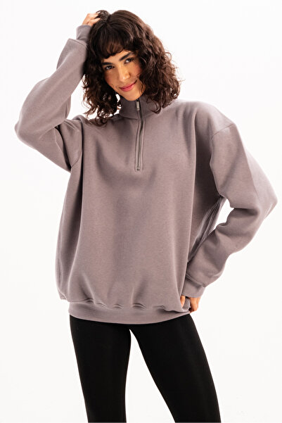 JUSTEVER Oversized Damen-Sweatshirt mit Stehkragen und halbem Reißverschluss