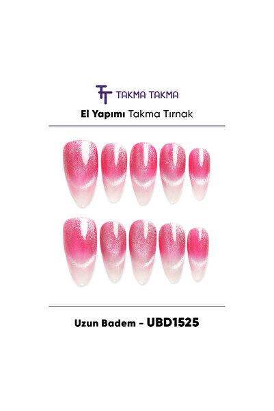 Takma Takma Takma Tırnak Cat Eye Pembe L Beden Uzun Badem 10'lu El Yapımı Jel...