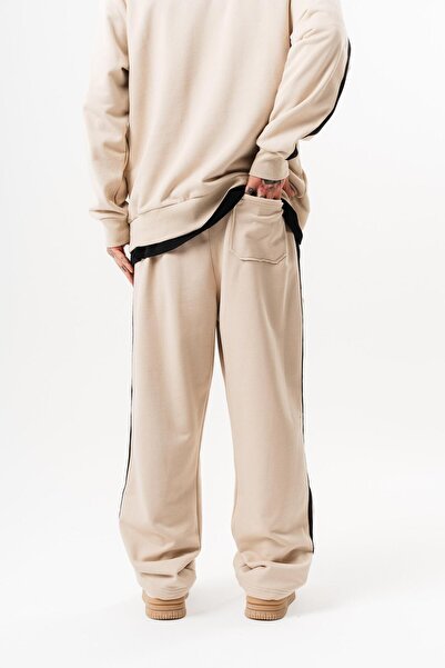 Respire Men's Diagonel Baggy Sweatpants with Dirty Stitch Detail Beige