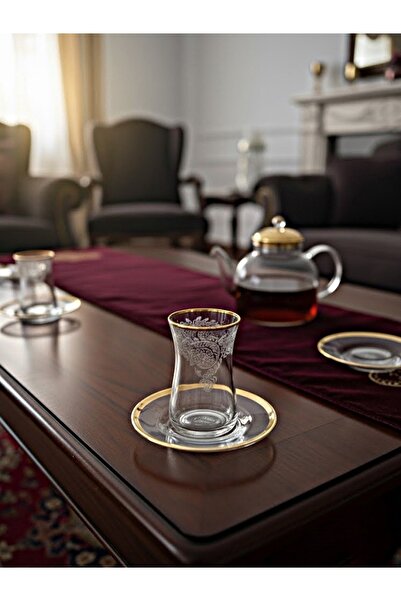 DECOSTYLE Helen Gold Paşabahçe Heybeli Cutwork Decor Tea Set - 6 Person 12 Pieces