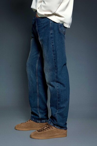 ablukaonline Men's Front Seam Detailed Washed Baggy Jeans Dark Blue