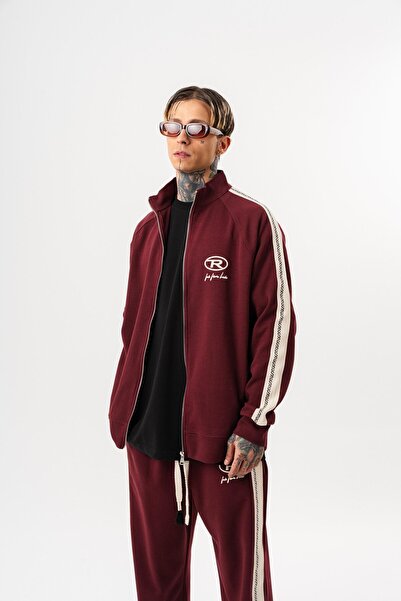 Respire Men's Ffb Striped Detail Mock Neck Doubleface Zip Oversized Sweatshirt Claret Red