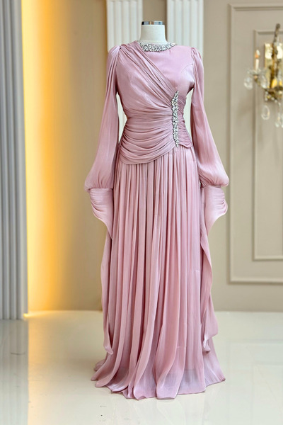 Amine Hüma Bade Abiye Elbise Pudra