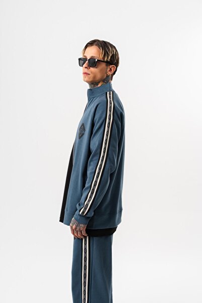 Respire Ανδρικό φούτερ ριγέ ψηλός λαιμός Doubleface Zip oversized Petrol