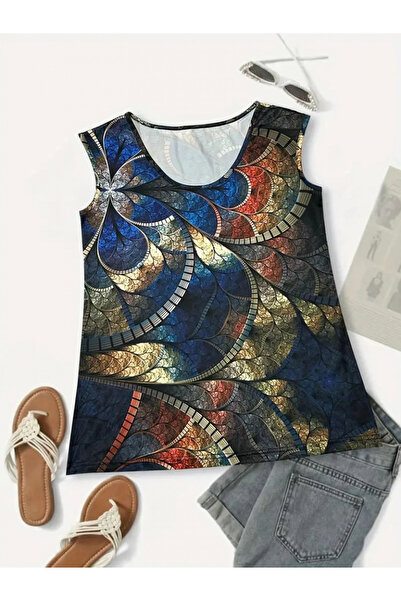 GENCULUS Women's Zero Sleeve Round Neck Mixed Color Printed Single Jersey Blouse