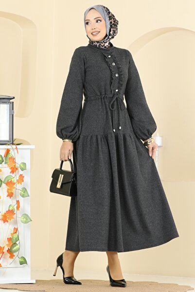 ModaMerve Fırfır Detay Beli Tünelli Elbise 24004UKB139-MS Antrasit