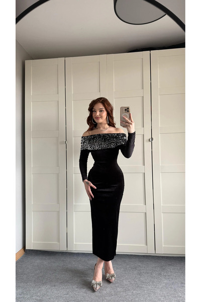 Marbella Women's Sequined Madonna Collar Velvet Stylish Evening New Year's Dress