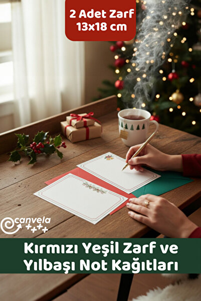 İstisna 1 Adet Çam Yeşili ve Yılbaşı Kırmızı Zarf 13x18 cm ve Yılbaşı Not Kağ...