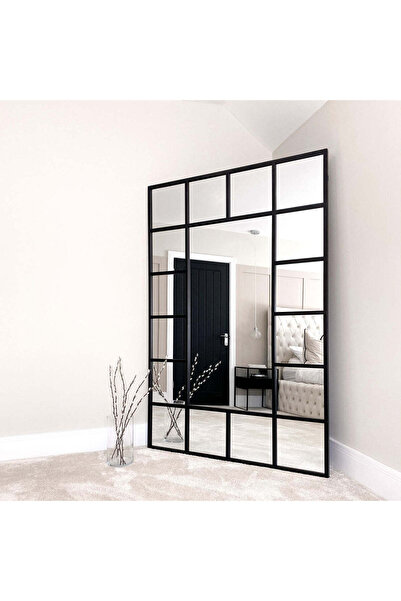 Muummirror 180x110 cm Pencere Desenli Siyah Ahşap Çerçeveli Dekoratif Boy Aynası