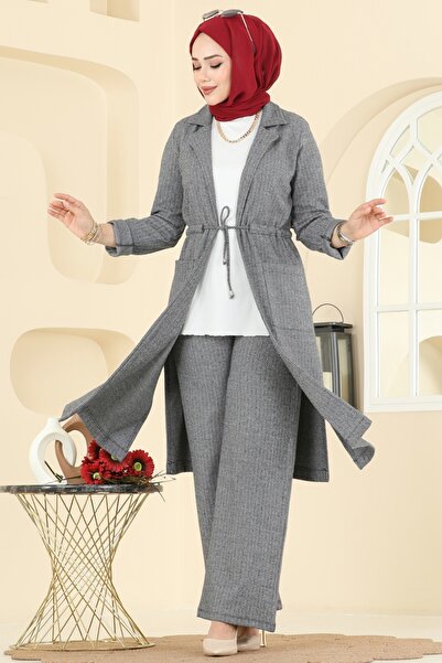 ModaMerve Beli Tünelli Balıksırtı Takım 24081UKBK1160-MS Gri
