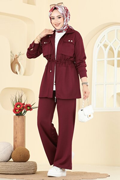 ModaMerve Gömlek Yaka Krep Takım 24005UKB139-MS Bordo