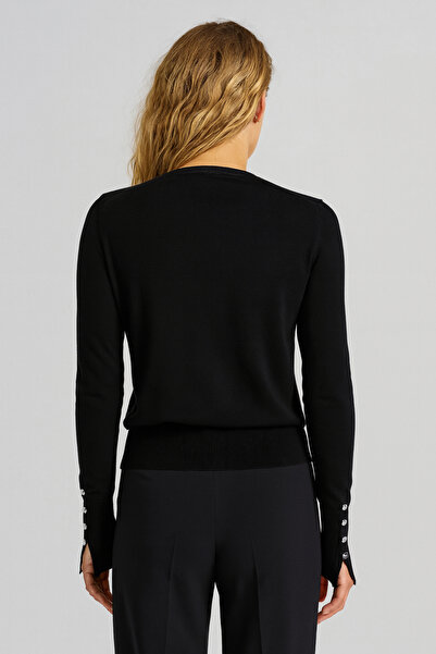 VENA Women's Mona Crew Neck Buttoned Knit Sweater - Black