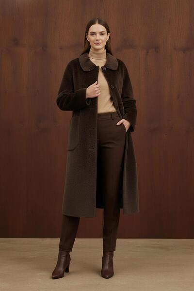 Puane Women's Fox Coat with Button and Pocket Detail - 15220Kbn - Brown