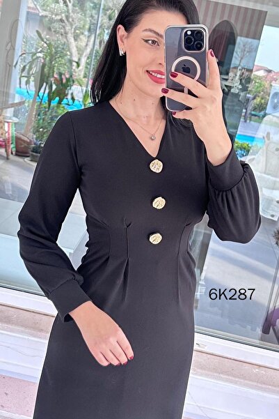 İnce Topuk Button Detail Stretch Fabric Scuba Crepe Dress 6K287