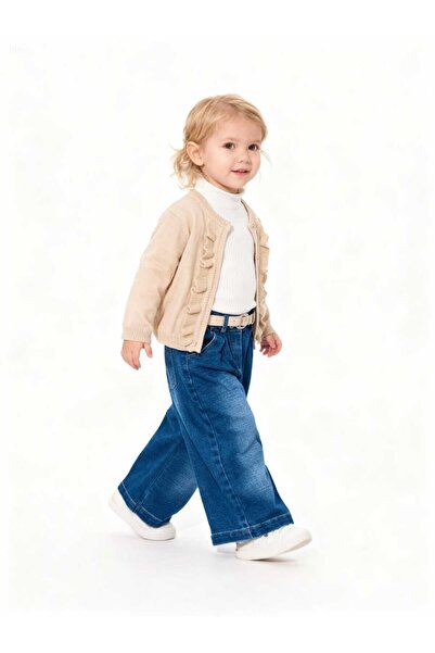 Gocoland Ruffled Cardigan Knitwear Set and Modal Fabric Bodysuit and Denim Spanish Leg Pants 3-Piece Set