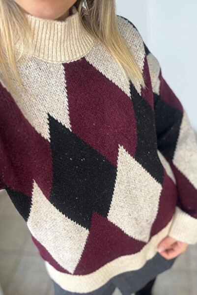 Kubos Moda Baklava Pattern Relaxed Fit Burgundy Sweater