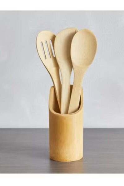 The comprehensive house Set of 4 Wooden Spoons with Beige Holder