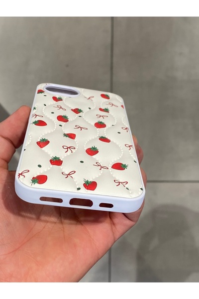 Mee.co iPhone 16E Compatible Strawberry Pattern Phone Case Ribbon Pattern Stitching Detail Faux Leather Case