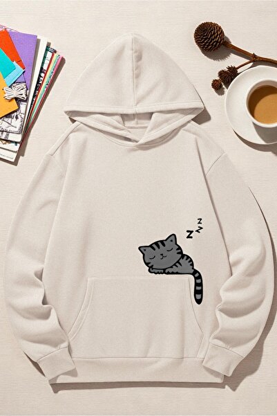uyguntarz Unisex Sleeping Cat Printed Hooded Sweatshirt