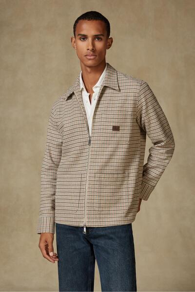 Abbate Monza Flannel Cotton Overshirt Fit Beige Classic Collar Men's Patterned Overshirt