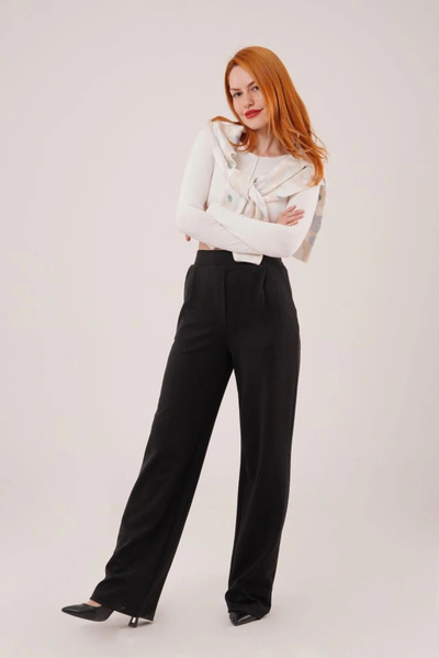 GENCULUS High Waist Wide Leg Crepe Black Trousers