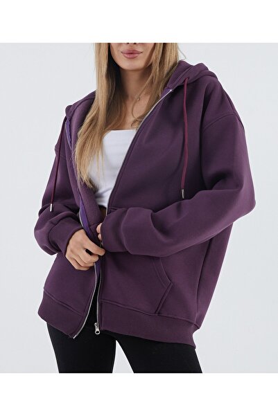 latal Fermuarlı Oversize Kapüşonlu Sweat – Kadın Rahat Kalıp Kalın Sweatshirt