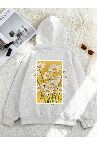OVER HEAD Women's Gray Box Daisy Printed Oversized Hooded Sweatshirt