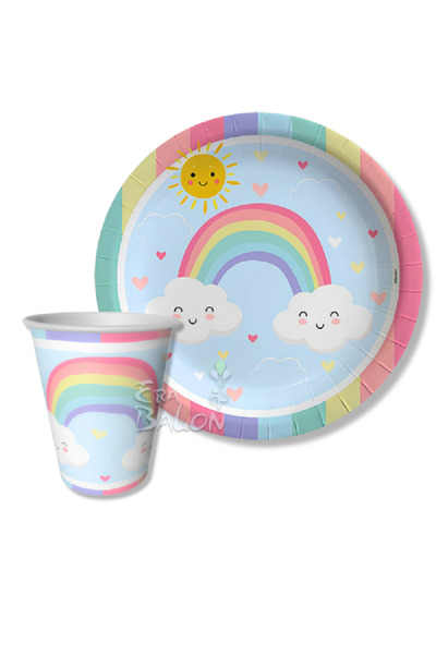 turkuaz parti 8'Lİ GÖKKUŞAĞI TABAK BARDAK SETİ,MAKARON ÇİZGİLİ TABAK BARDAK