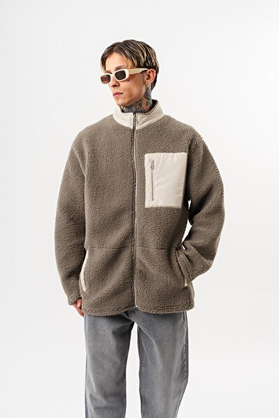 Respire Men's Zip Oversized Teddy Jacket Dark Green