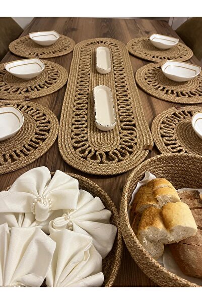 eftlyhome Runner Basket Set, Jute, Wicker, American Service, Cutlery Set, Plate Coaster, Presentation, Bread Basket
