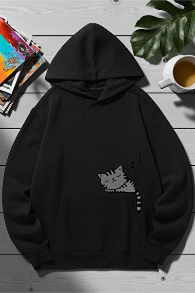 uyguntarz Unisex Sleeping Cat Printed Hooded Sweatshirt