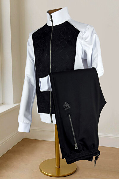 BESSA Men's Suede Detailed White Tracksuit Set Transitional Fabric Standard Fit