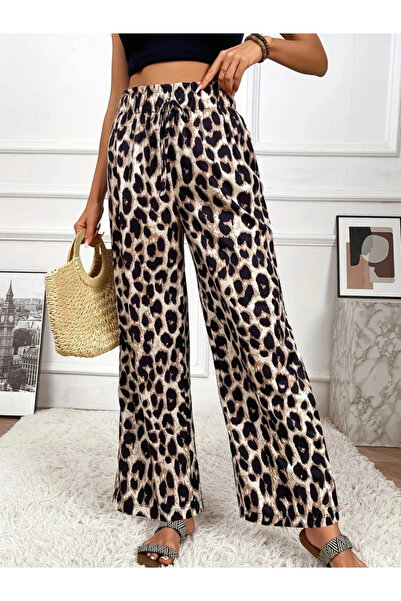 GENCULUS Women's high waist elastic waist lace up leopard print supreme pants