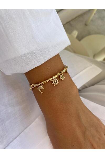 stainless steell سوار من الذهب الخالص قابل للتعديل مزين بحجر الزركون على شكل نجم البحر والأسماك