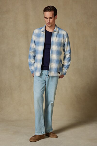 Abbate Prato Flanel Cotton Overshirt Fit Blue Classic Collar Men's Plaid Overshirt