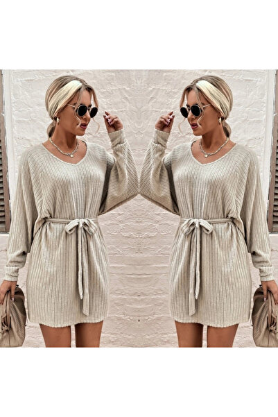 GENCULUS Women's Long Sleeve Ribbed Charm Detail Boucle Belted Soft Dress