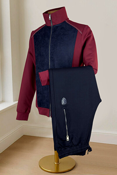 BESSA Men's Suede Detailed Burgundy Tracksuit Set Transitional Fabric Standard Fit