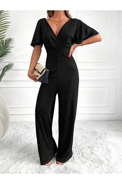 GENCULUS Women's Short Sleeve Double Breasted Collar Low-Cut Pegasus Fabric Jumpsuit