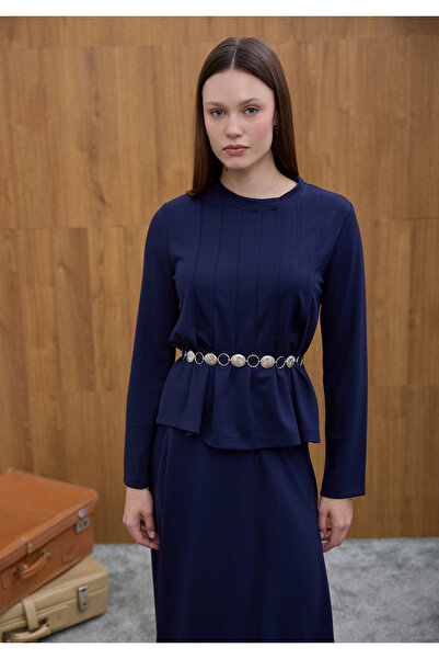 Birgül Bektaş Navy Blue Pleated Detailed Skirt Set