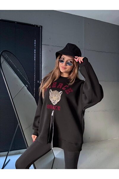 cemo Zippered Leopard Printed Oversized Black Sweat