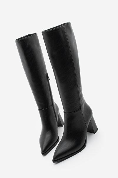 Marjin Women's Pointed Toe Half Zipper Thick Heeled Boots Mortez Black