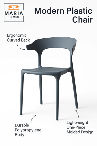 MARIA HOMES Grey Plastic Dining Chair – Modern Lightweight Armless Chair for Indoor and Outdoor Seating