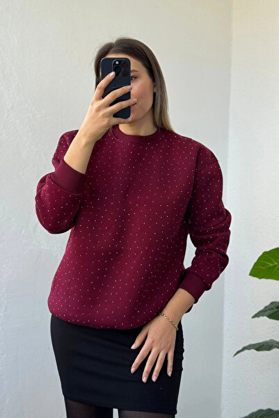Kubos Moda Stone Embroidered Balloon Sleeve Crew Neck Burgundy Sweatshirt