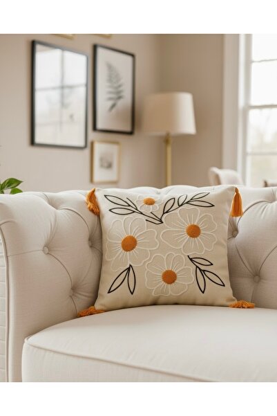 ON-ARS TEKSTİL Decorative Floral Pattern Throw Pillow Cover Orange – Tasseled, Modern Stylish Design, 43X43 cm